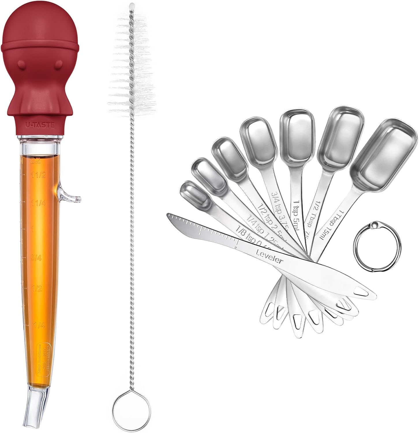 U-Taste 228.2℉ Heat Resistant Food Grade 1.5oz Angled Turkey Baster, and 18/8 Stainless Steel Square Measuring Spoons Set of 8 (Red+Silver)