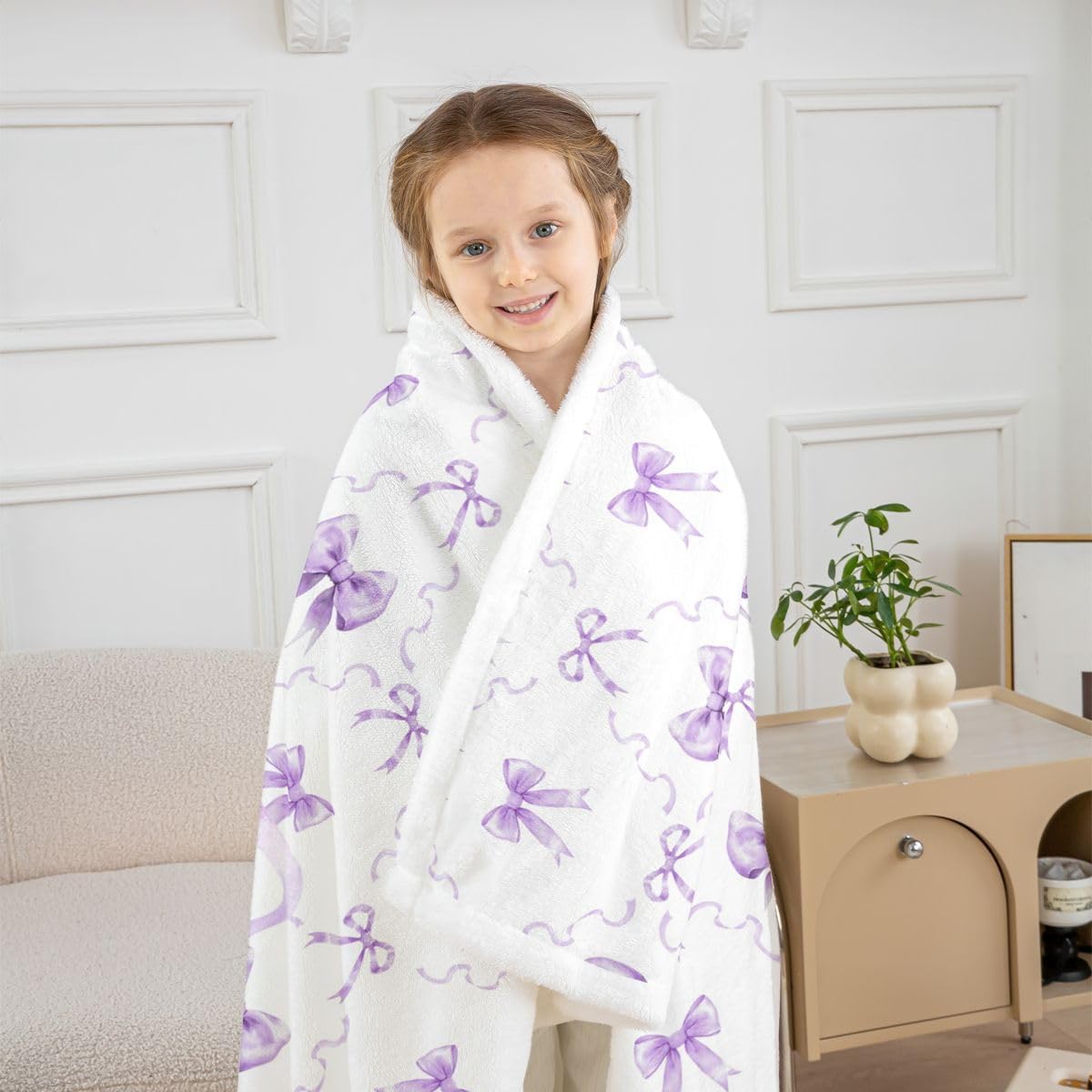 Erosebridal Purple and White Bow Throw Blanket 30"x40", Initial Letter H Bows Blankets Throws for Kids Girls, Coquette Aesthetic Bowtie Room Bedroom Decor, Preppy Bowknot Soft Fleece Blanket