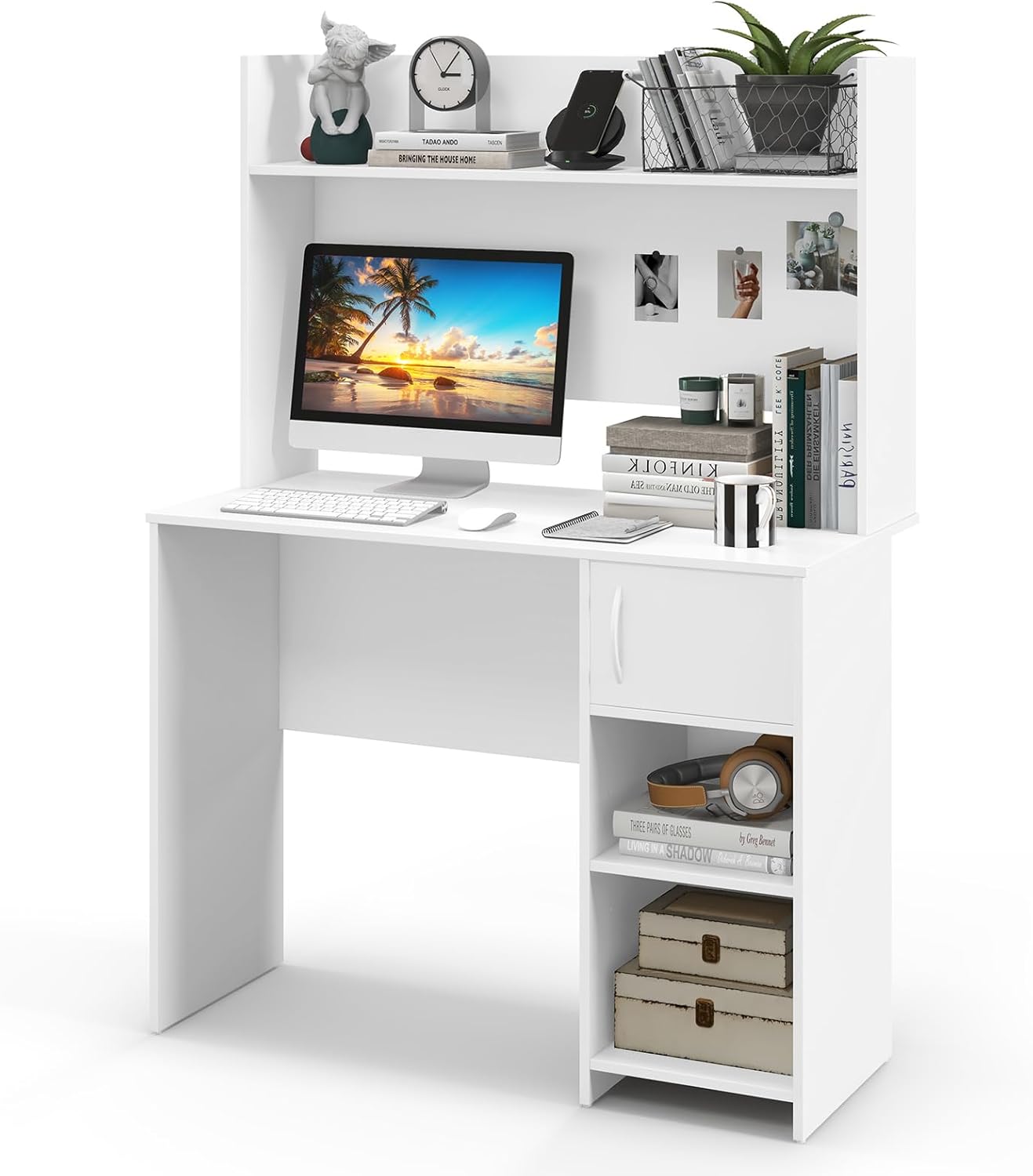 Tangkula Computer Desk with Hutch, Home Office Desk with Raised Display Shelf & 2 Open Shelves, Cabinet with Door, Cable Management Holes, Modern Laptop PC Desk, Study Writing Desk for Bedroom