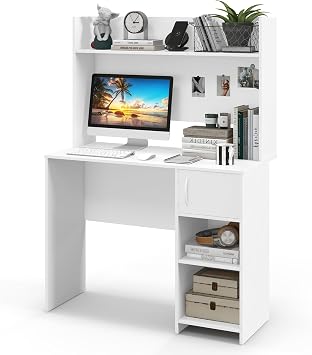 COSTWAY Computer Desk, Modern Writing Workstation PC Laptop Table with Hutch, Storage Bookshelf, Cabinet and Cable Management Holes, Home Office Work Study Desk White