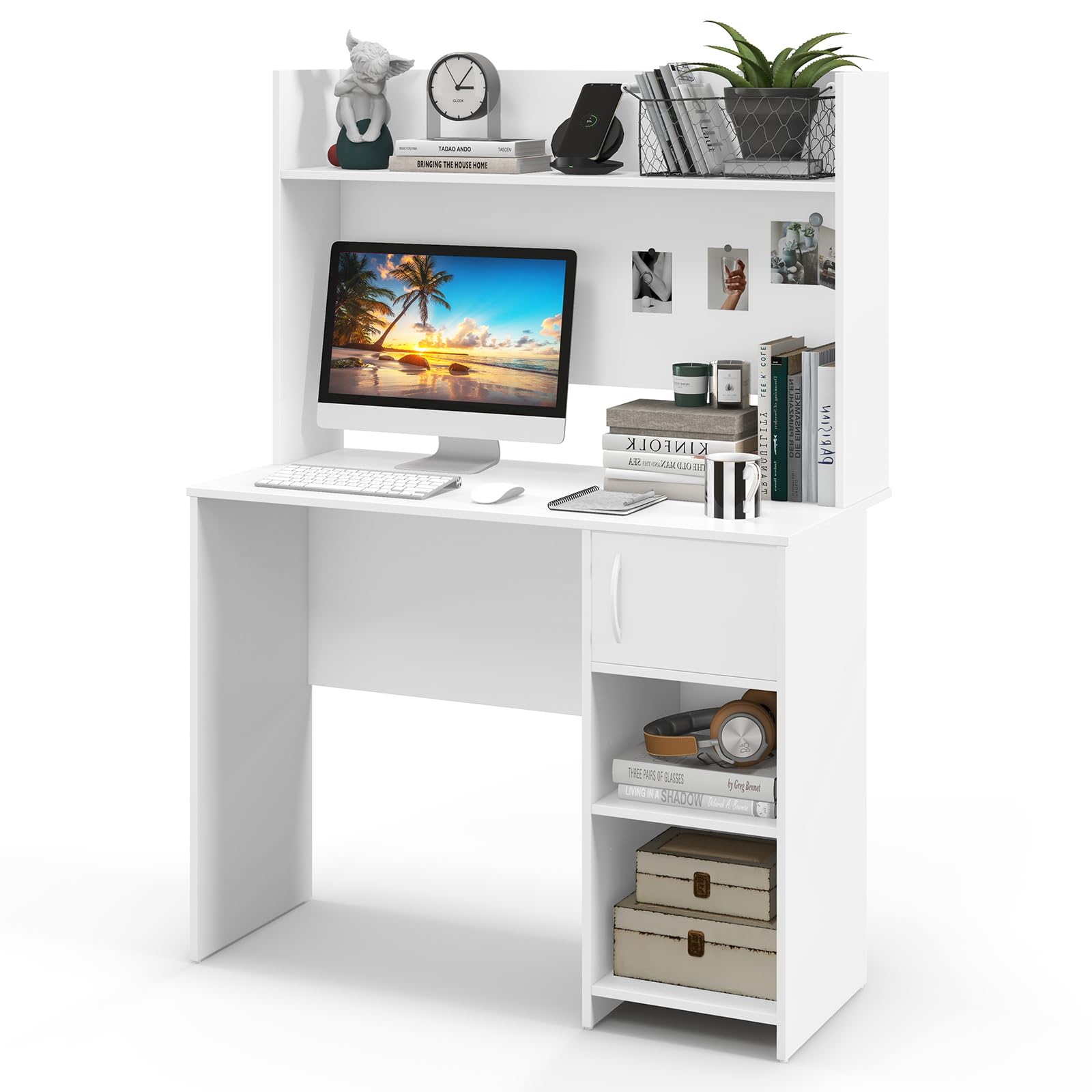 COSTWAY Computer Desk, Modern Writing Workstation PC Laptop Table with Hutch, Storage Bookshelf, Cabinet and Cable Management Holes, Home Office Work Study Desk (White)