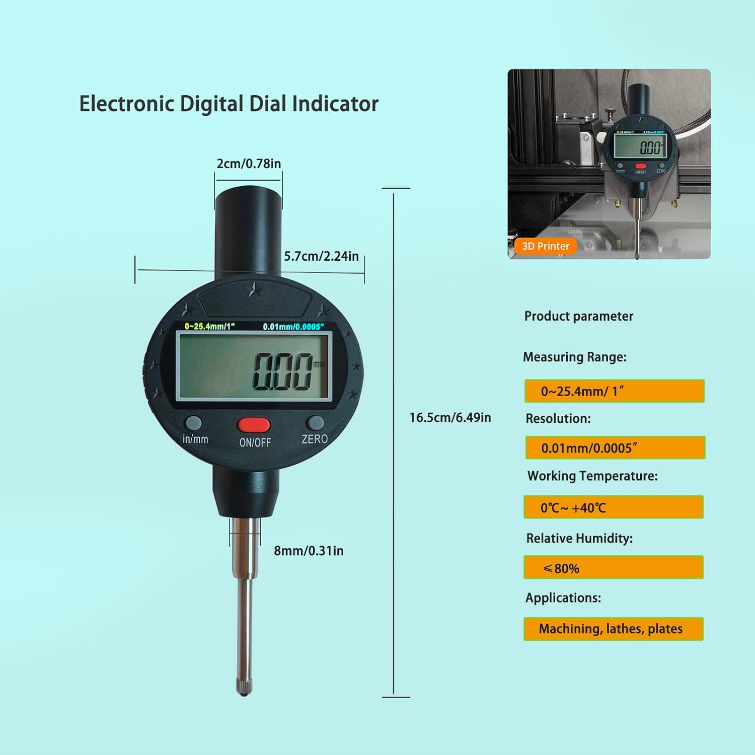 Electronic Digital Dial Gauge, Digital Dial Indicator Accuracy 0.01mm/0.0005inch, Measurement Indicator 0-1 inch/25.4 mm,for Industrial, Mechanical and 3D Printers.(Percent 25mm)