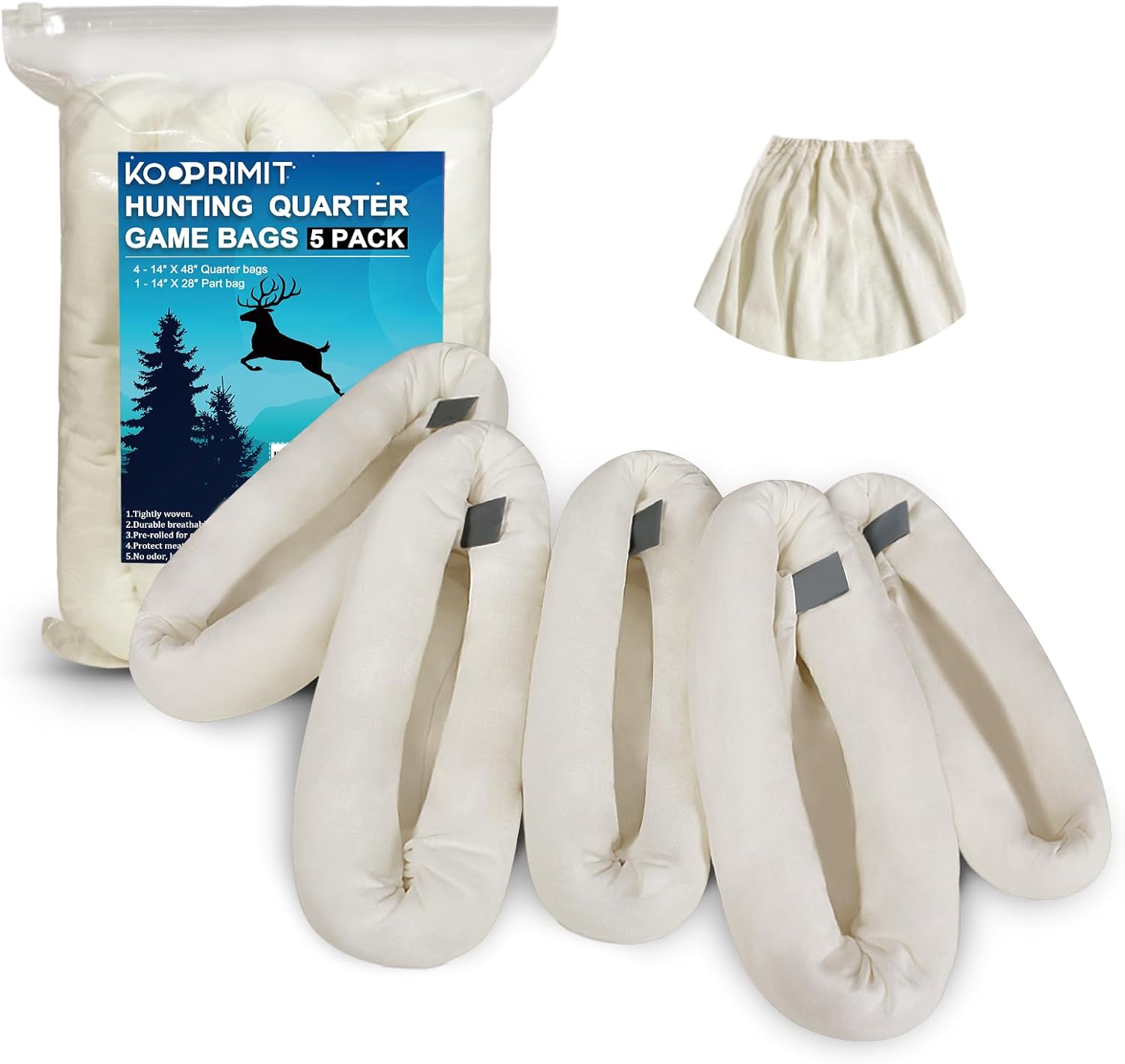 Game Bags Elk, 5-Packs Rolled Game Bags Deer, Reusable & Breathable Big Hunting Meat Bag with Reflective Tags for Elk, Caribou, Deer and Moose, Essential Hunting Accessories