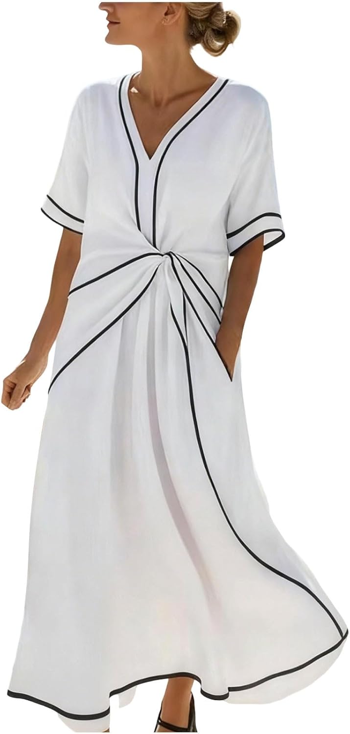 Women’s Summer Short Sleeve Dress, V-Neck Solid Casual Loose Fit Sundress, Lightweight Midi Dress for Daily Vacation