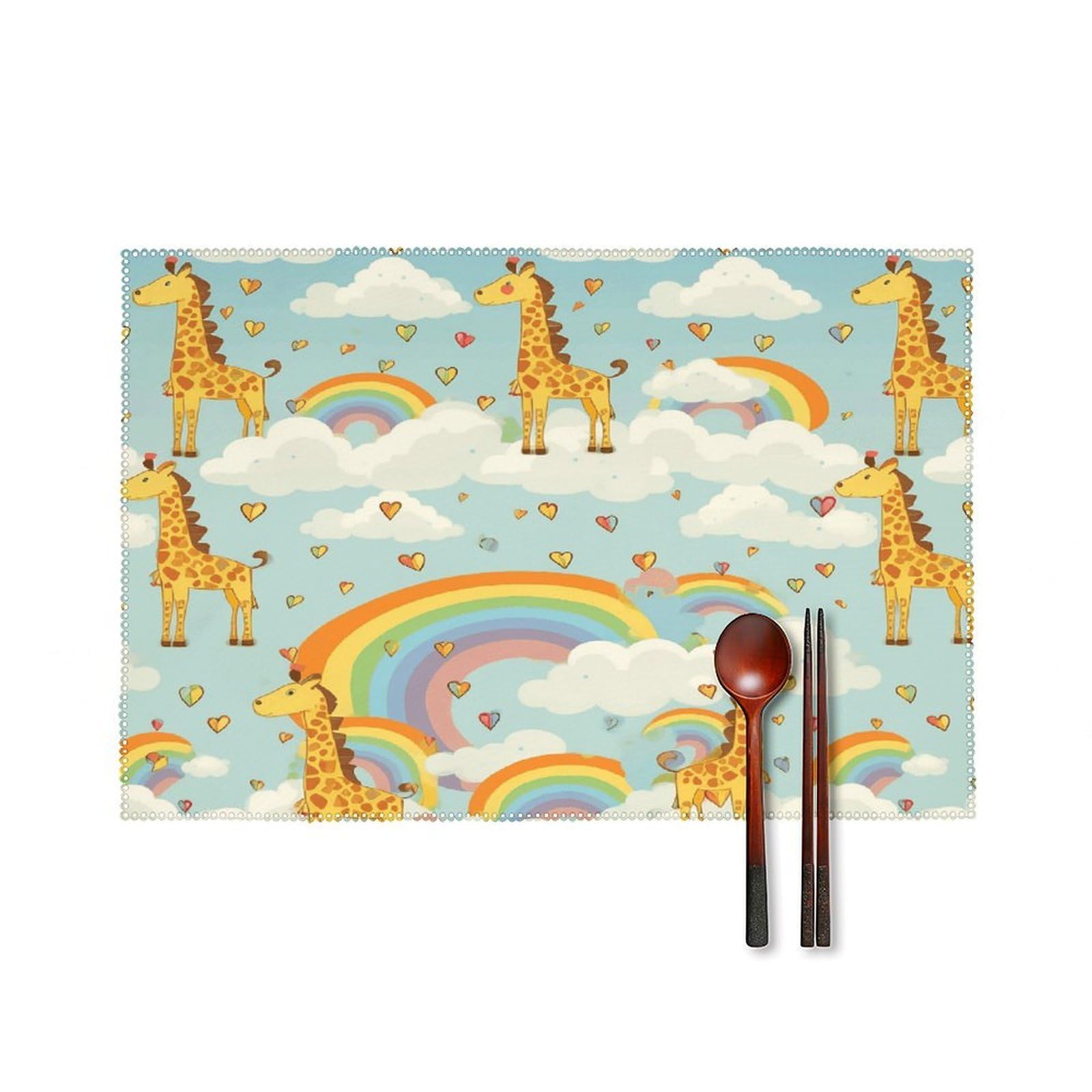 Cartoon Giraffe Rainbow and Clouds Placemats Set of 4 Heat Resistant Non-Slip Place Mats for Dining Table Washable Placemat Wipeable Dining Table Mat Canvas Place Mats Dining Table Decor
