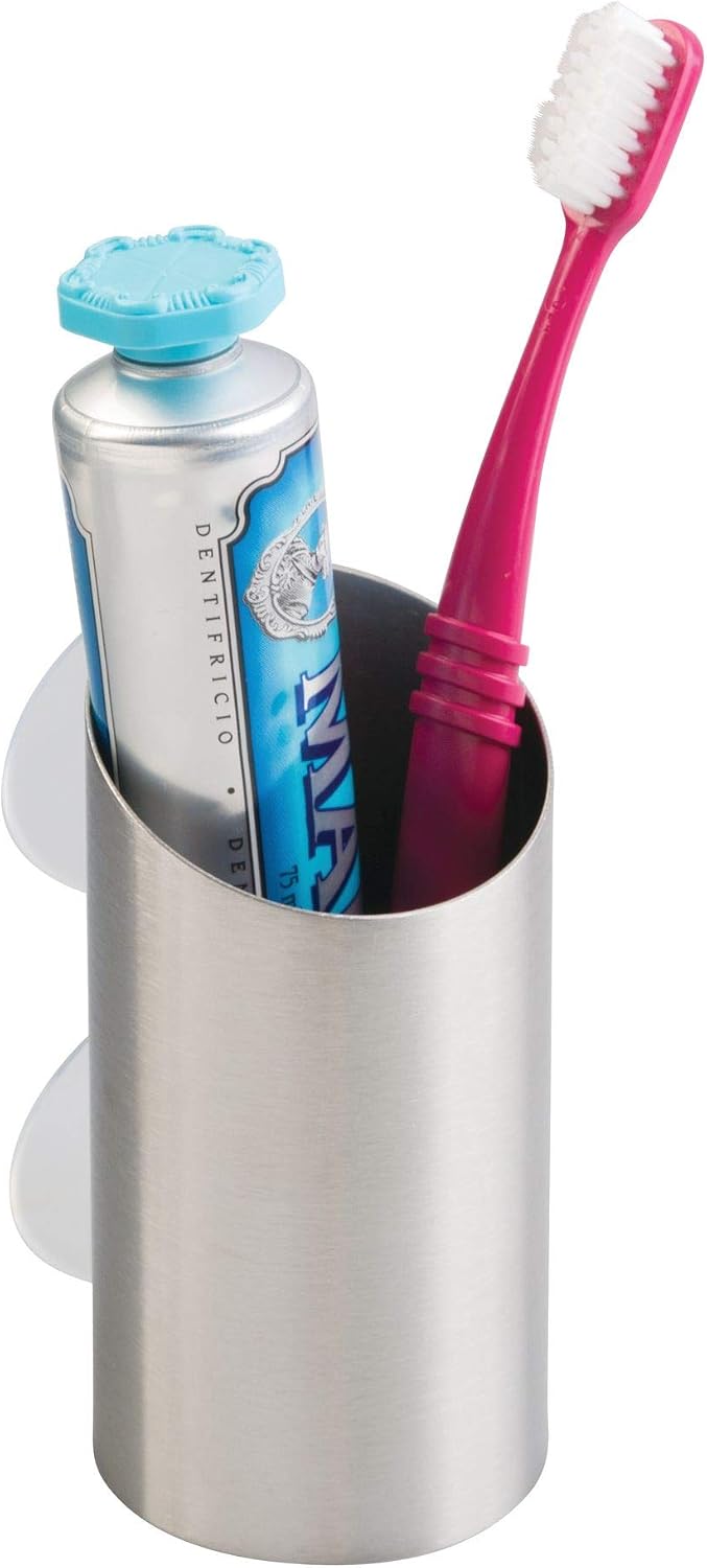 iDesign Forma Stainless Steel Suction Toothbrush and Razor Holder Cup for Bathroom Mirror, Shower, Vanity Organization, 2.25" diameter x 4.5", Brushed