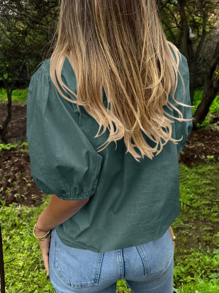 Image of Tankaneo Women's Button Down Shirts Short Puff Sleeve Collared Dressy Casual Blouse Tops
