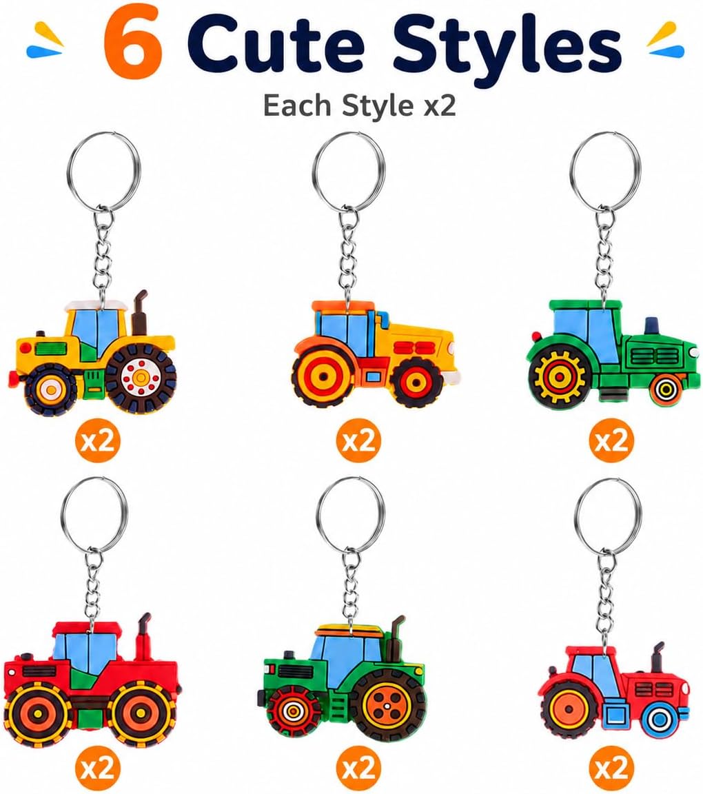 NOLITOY Car Keychain Bulk for Kids: 12Pcs Cartoon Farm Tractor Keychain Party Favors Birthday Classroom Prizes Backpack Charms Harvest Season Decorations for Boys Girls