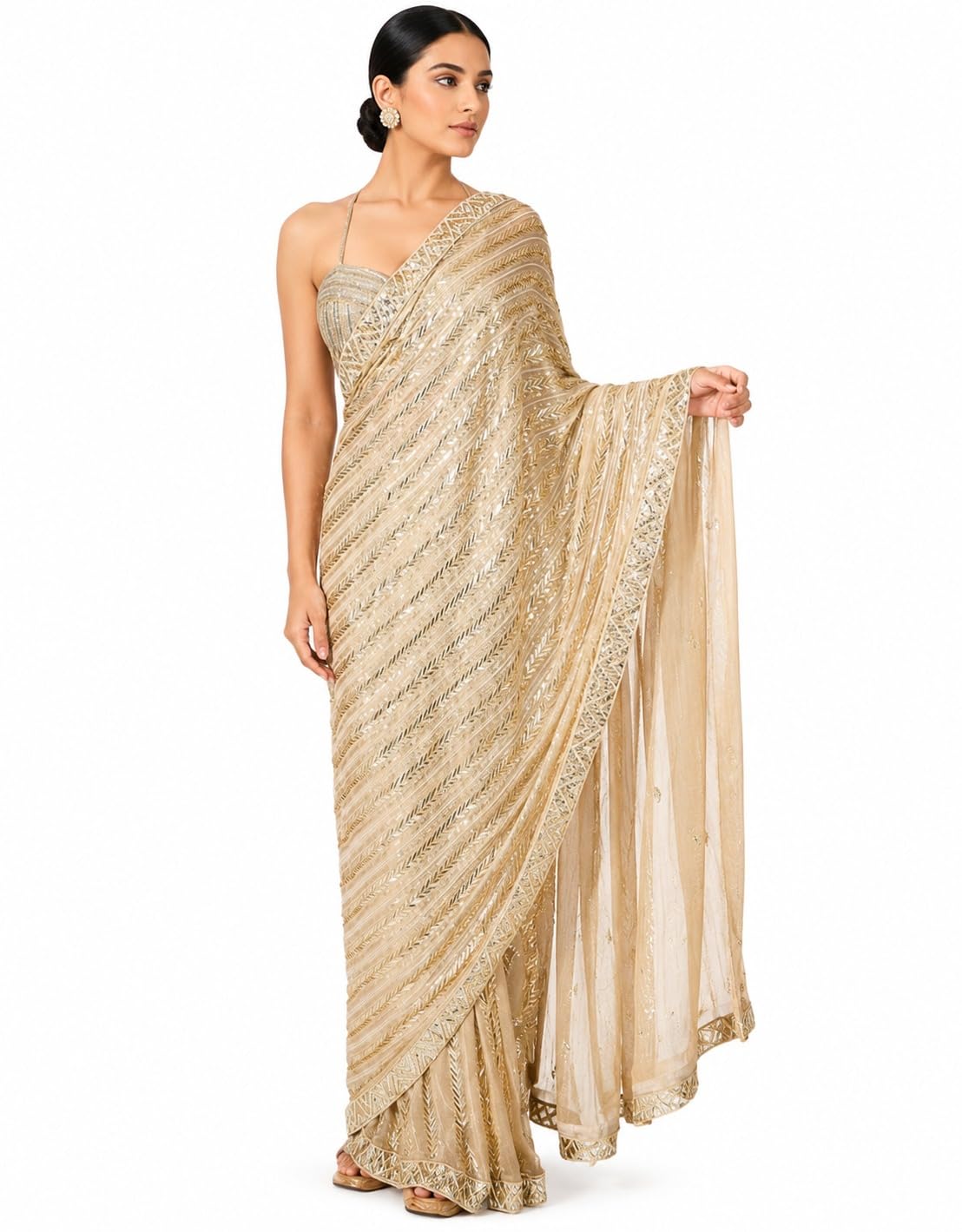 Golden Beige Embroidered Saree with Sequin Work, Net Fabric, Bridal Wedding Designer-image-33