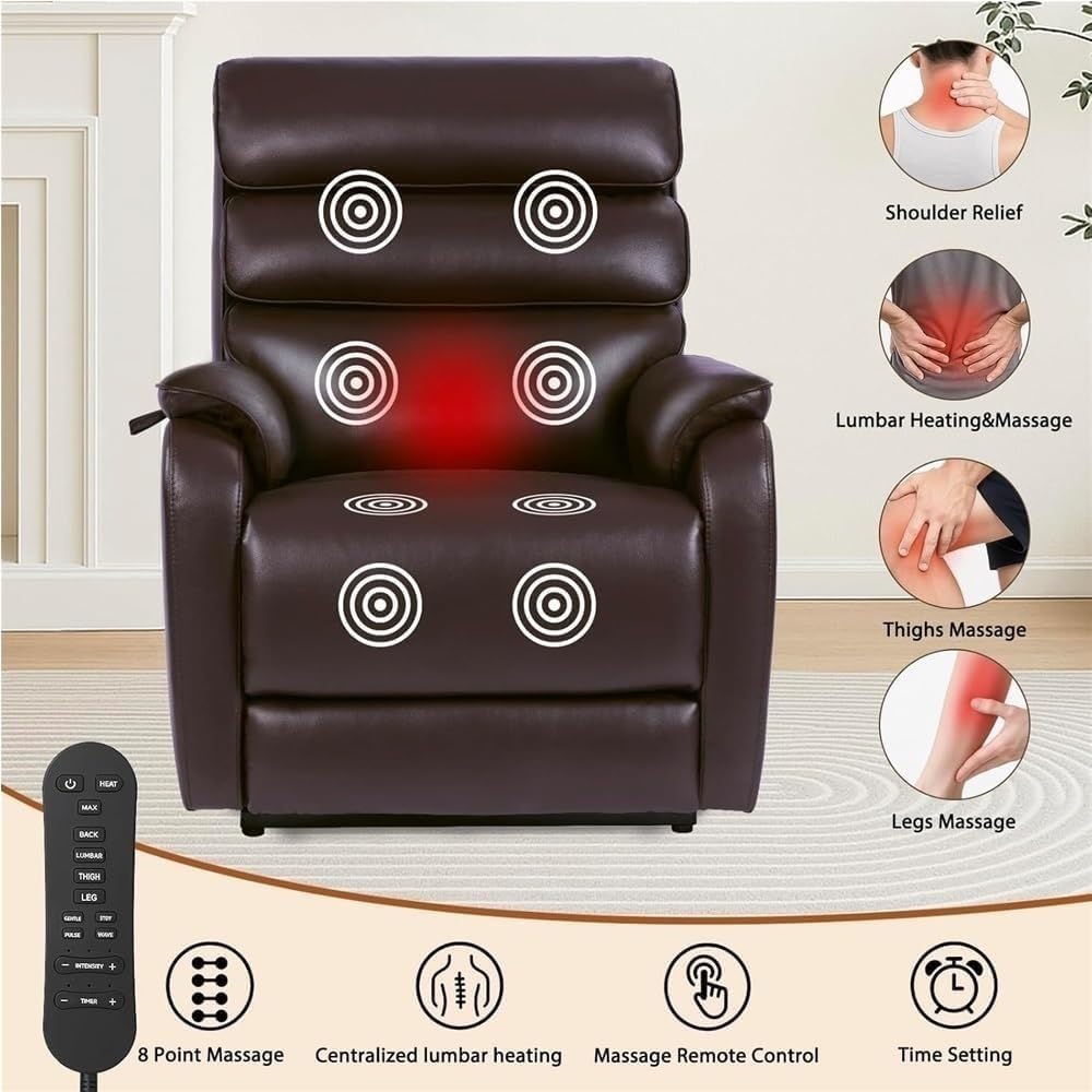 Oversized Power Lift Recliner Chair for Elderly Adults, Wide Lay Flat Electric Leather Reclining Sofa with Heat and Massage, Heavy Duty Lift Assist Chair with Charging Ports Comfortable Living Room