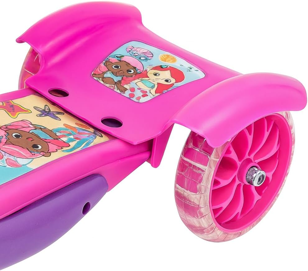 Kids 3 Wheel Scooter with Basket, LED Light and Sound, Mermaid Theme, Pink and Blue, Adjustable Height, 27.5 inches, Holds up to 77 lbs