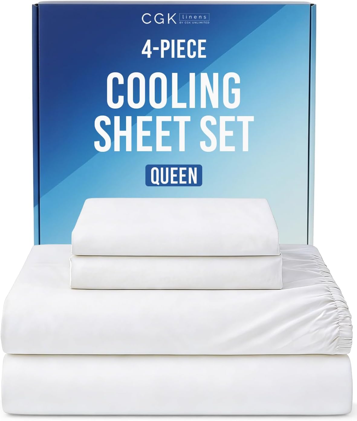 Cooling Sheets Set Queen Size - 4 Piece Summer Bed Sheets for Hot Sleepers - Cooling Bedding Set - Soft, Breathable, Lightweight - 1 Flat & 1 Fitted & 2 Pillowcases - Deep Pockets 8" to 16" - White"