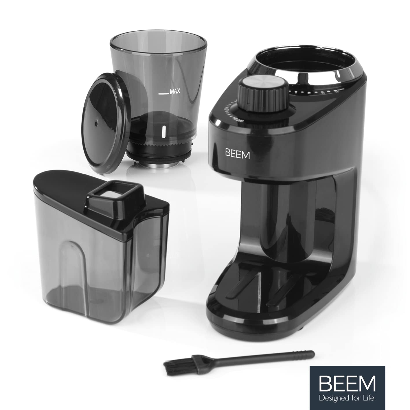 BEEM 3980 Grind-Intense Molinillo de café eléctrico, 160 g, mecanismo cónico de acero inoxidable, ajuste de grado de molienda de 15 niveles, recipiente de granos extraíble, 150 W