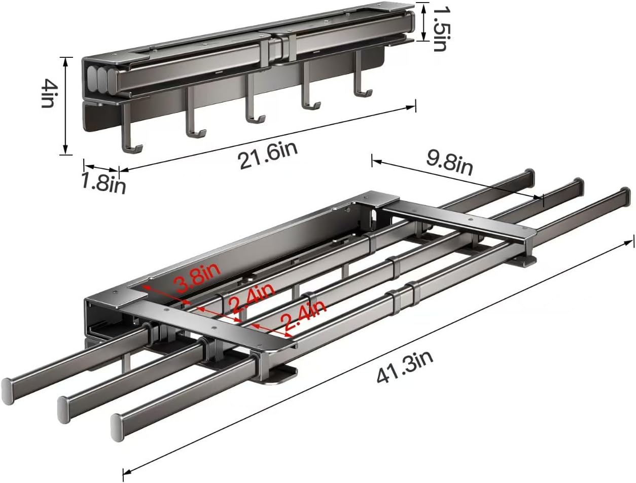 Wall Mounted Retractable Clothes Drying Rack,41 in Aluminum Portable Clothes Drying Rack Foldable with 5 Hooks for Bathroom,Laundry,Poolside Space Saving