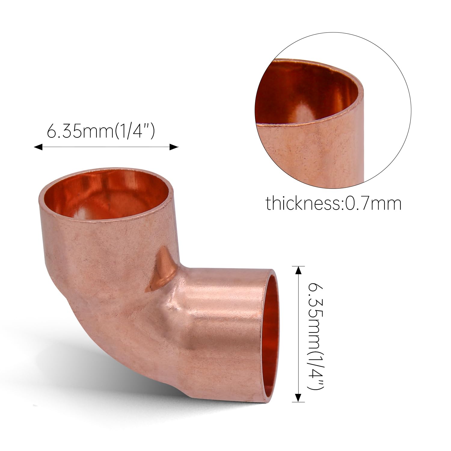 1/4 Inch Copper Elbow Fittings - 90 Degree HVAC Joints With Rolled Tube Stops (5-Pack)
