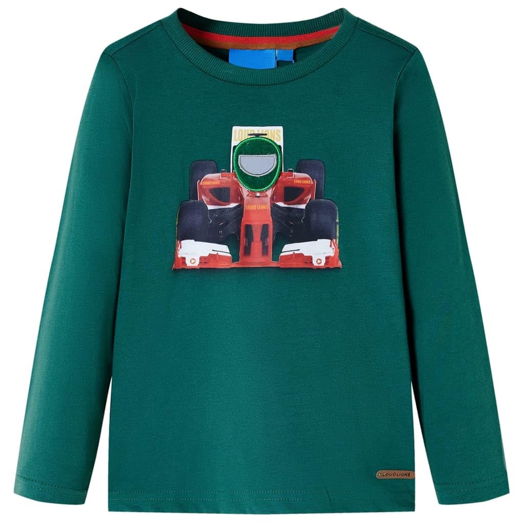 Maglietta a maniche lunghe per bambini verde con motivo auto da corsa, in cotone, taglia per ragazzi e ragazze, per tutti i giorni, scuola, tempo libero, primavera, autunno, calda e