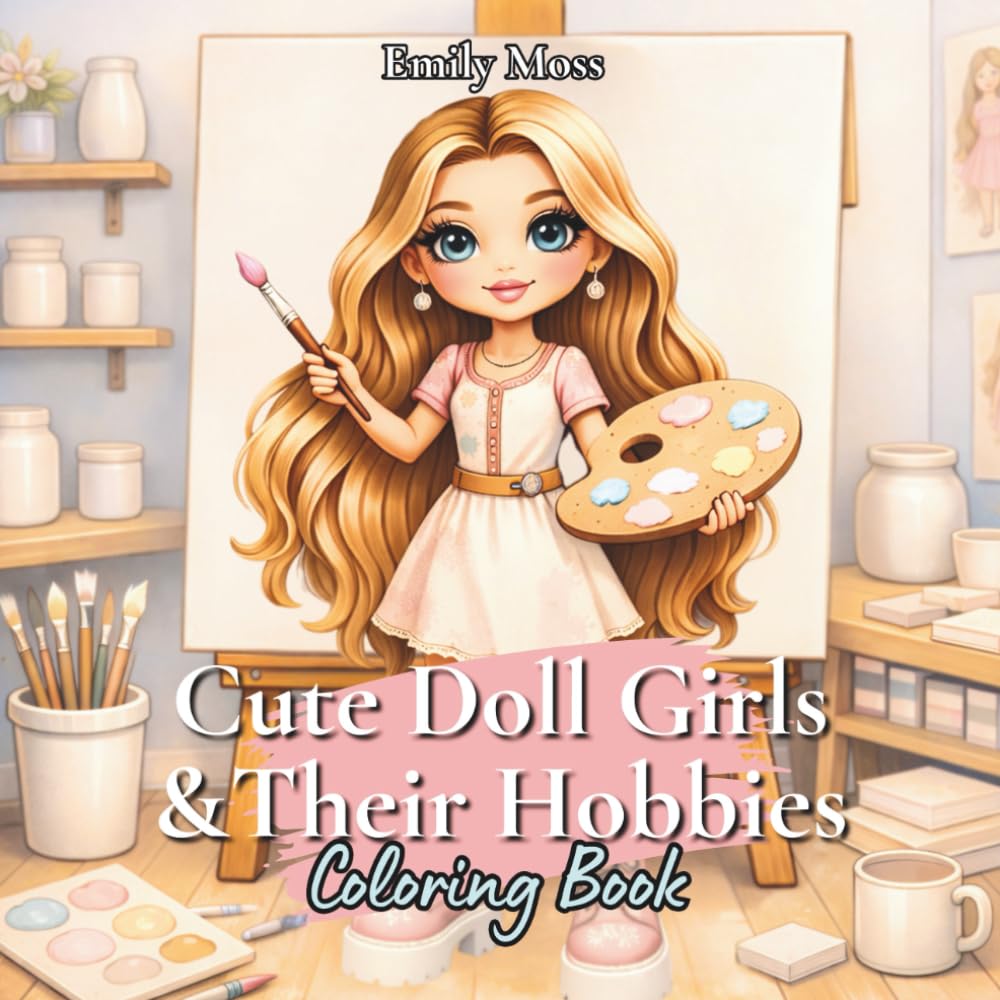 Cute Doll Girls &Their Hobbies Coloring Book: 40 Adorable Big-Eyed Doll Girls Enjoying Creative Hobbies for Relaxation and Stress Relief