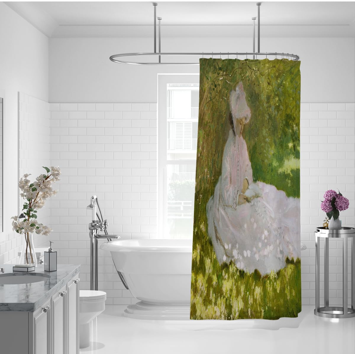Tende doccia in tessuto primaverile con ganci arte rosa verde 240x180cm | Tessuto impermeabile in poliestere ad asciugatura rapida, decorazione artistica impressionista, set di tende lavabili