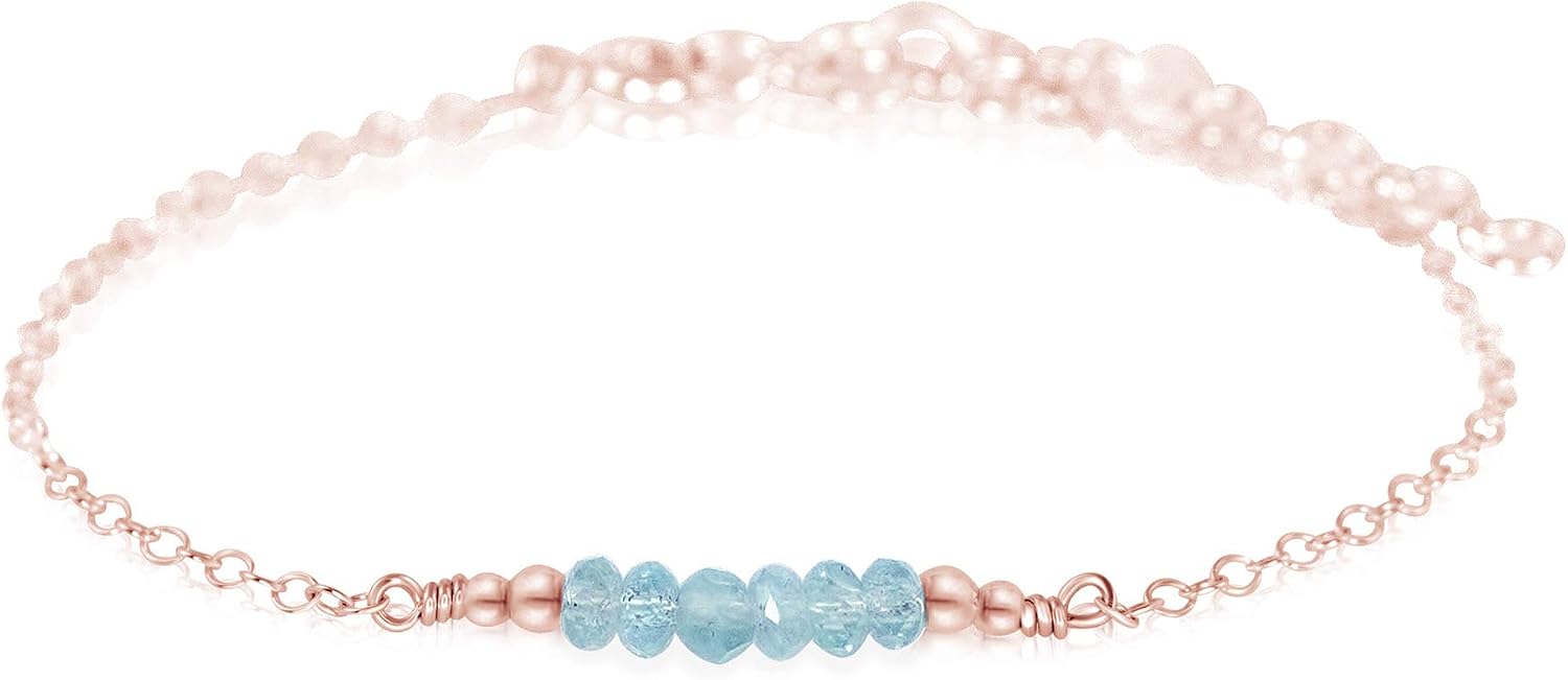 Luna Tide Tiny Sparkling Aquamarine Faceted Bead Bar Bracelet in 14k Rose Gold Fill