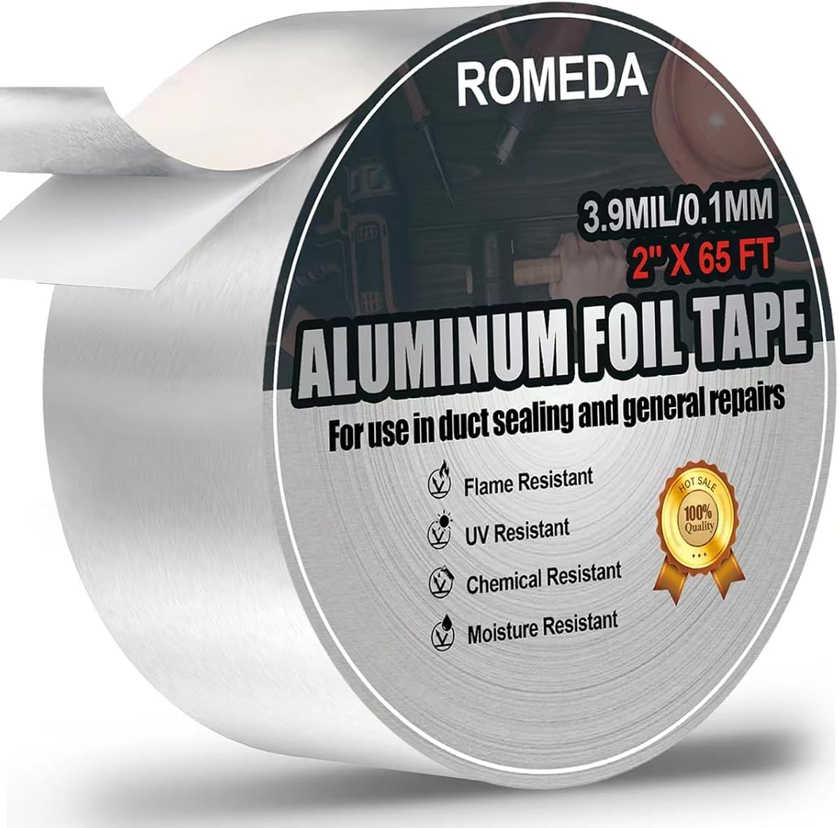 Romeda Aluminum Foil Tape, 2 inch x 65 Feet Foil Tape (3.9 mil), Silver Insulation Adhesive Metal Tape, High Temperature Heavy Duty HVAC Tapes for Ductwork, Dryer Vent, HVAC