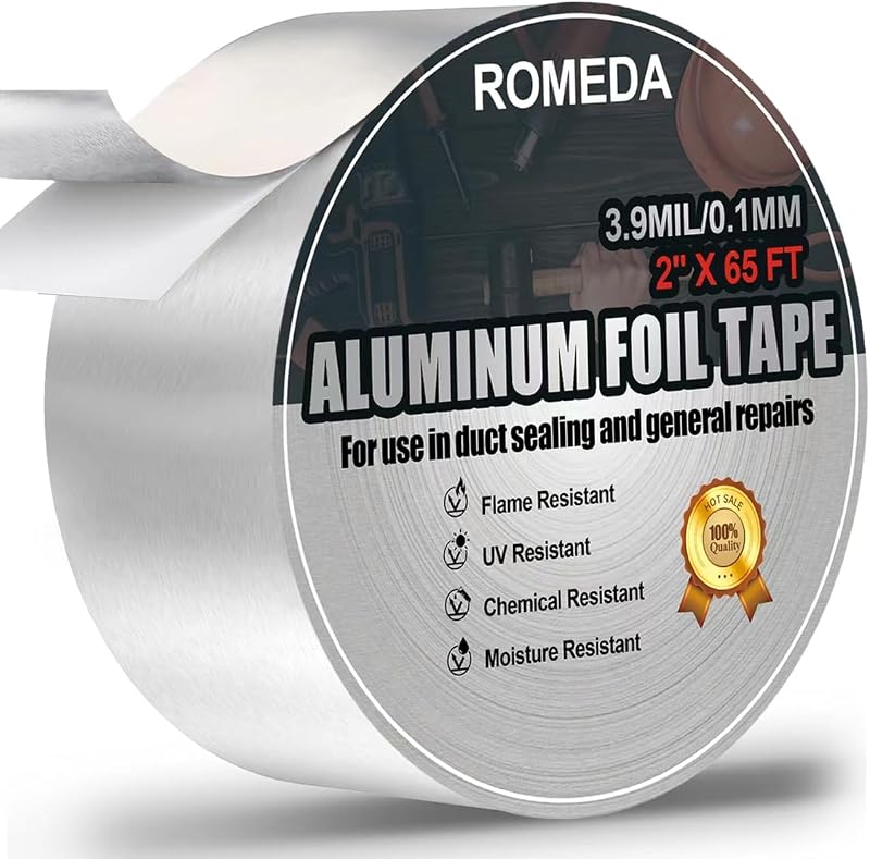 Romeda Aluminum Foil Tape, 2 inch x 65 Feet Foil Tape (3.9 mil), Silver Insulation Adhesive Metal Tape, High Temperature Heavy Duty HVAC Tapes for Ductwork, Dryer Vent, HVAC
