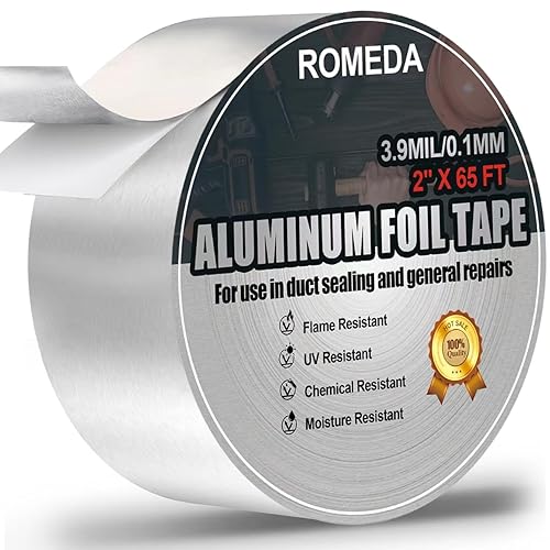 Cinta de aluminio de Romeda, 2 pulgadas x 65 pies, cinta de papel de aluminio (3.9 mil), cinta adhesiva de metal plateada para aislamiento, cintas