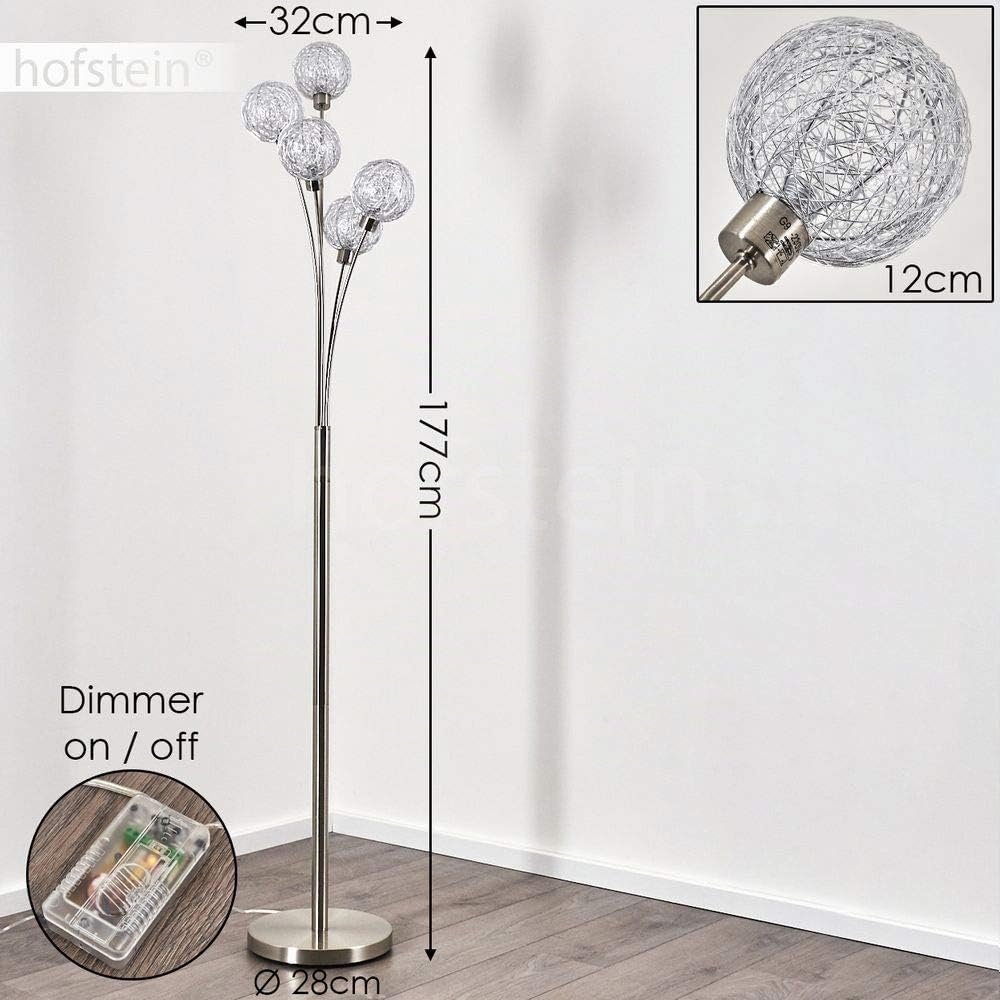Lampada da terra Bernado dimmerabile all'infinito in nichel opaco/argento, G9, 5 globi metallici, lampada ad arco, soggiorno/camera da letto/corridoio, interruttore a pedale sul cavo, senza lampadine