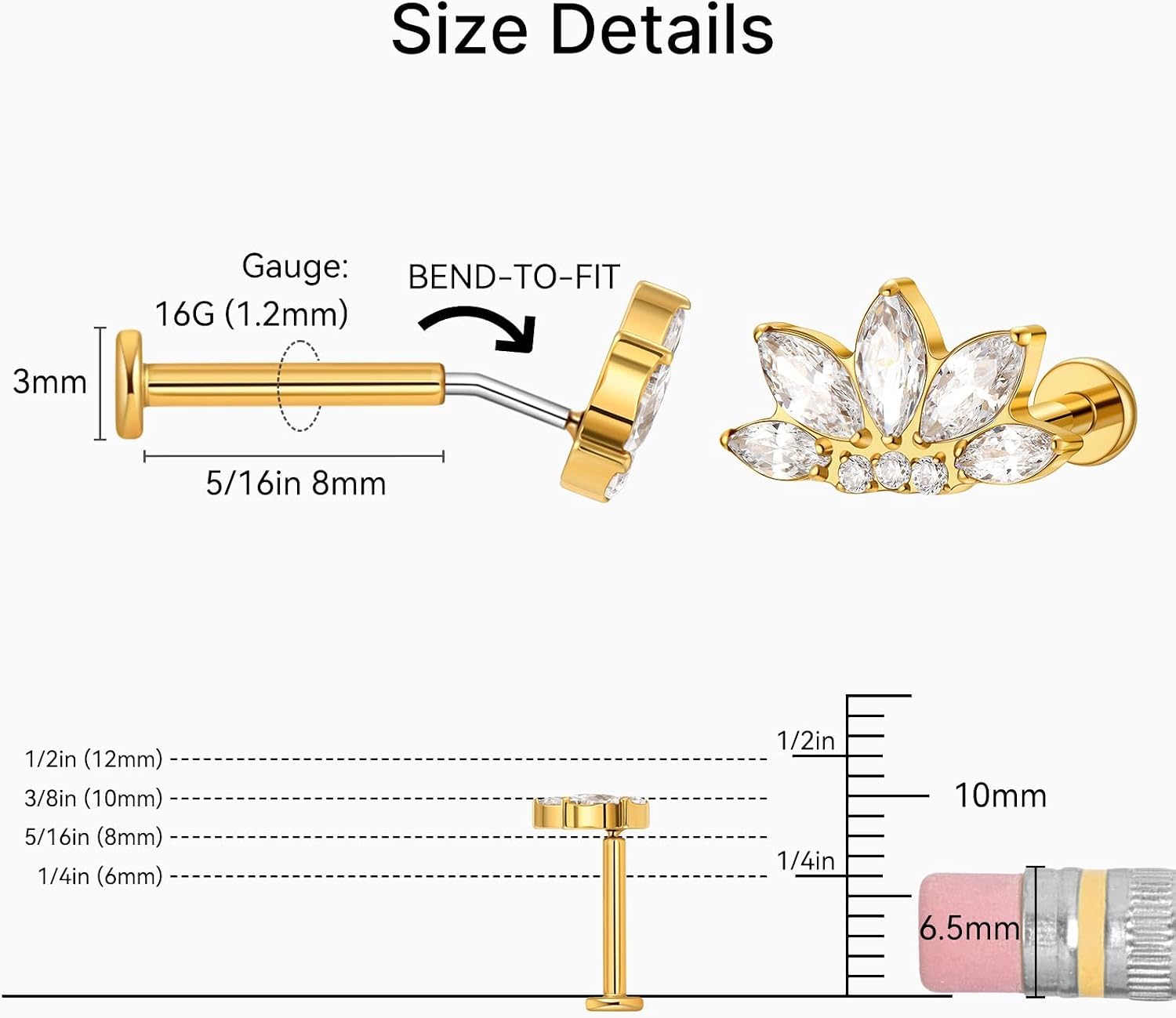 ASTM F136 Titanium Push in Cartilage Earrings Stud 16G 8mm for Tragus Helix Conch Labret