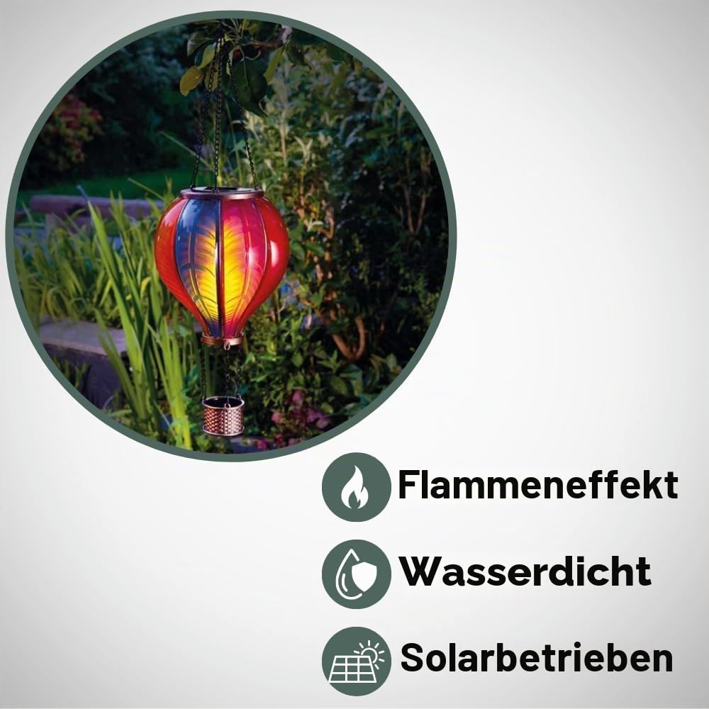 62cm Heißluftballon Solarleuchte LED Flammeneffekt Hängende Gartenleuchte | 62cm Flackernde Flammeneffekt LED Hängend Wasserdicht für Outdoor Garten Terrasse Balkon Hof