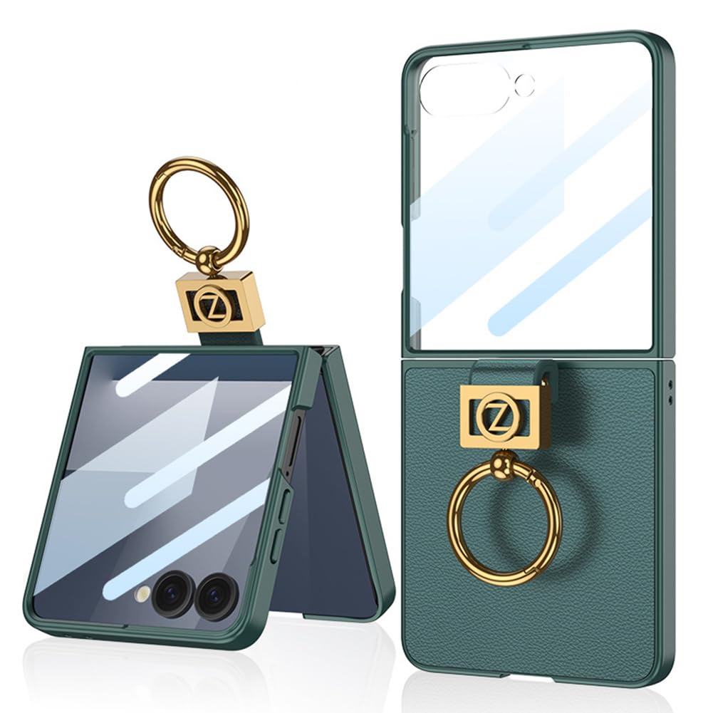 Zielony, Flip 7, skórzane etui do Samsung Galaxy Z Flip 7, wbudowana osłona ekranu, wąskie, odporne na wstrząsy etui z pierścieniem na palec