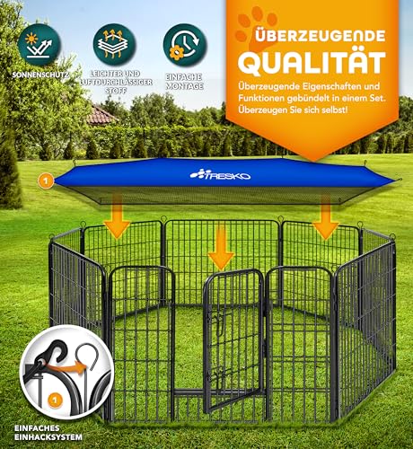 TRESKO® Welpenlaufstall 60 cm hoch mit Dach & Erdankern | Welpenauslauf 8-teilig | Hundelaufstall faltbar mit Tür | Aufbau werkzeugfrei | Tierlaufstall Hunde wetterfest