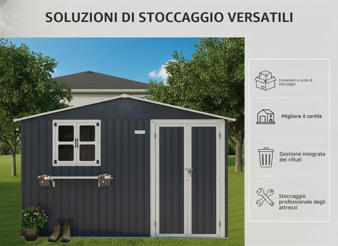 Moderna casetta da giardino in metallo, 313 x 255 x 200 cm, con finestre apribili e supporto per fiori, impermeabile, per cortile e giardino, grigio (grigio antracite, 3 x 2,4 m)