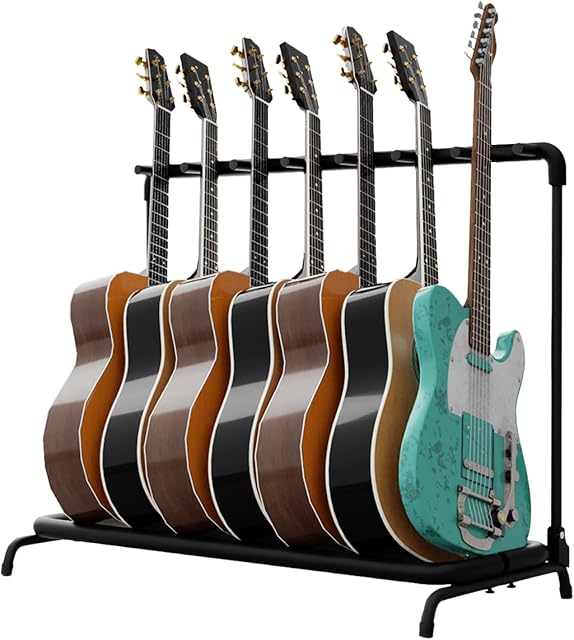 Flexzion Guitar Rack for Multiple Guitars - Multi Guitar Stand Metal Floor Rack, Foldable 7-Guitar Organizer with Padded Foam Storage for Electric Acoustic Bass in Home Studio or Stage