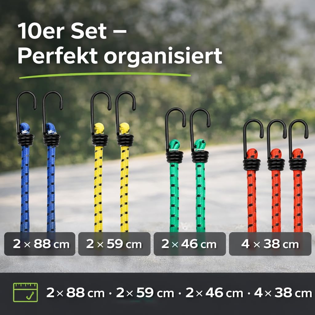 10 espansori e tendicinghi, corde in gomma con ganci per il fissaggio, diverse lunghezze, per moto, mobili, auto, biciclette, ganci extra resistenti, accessori per auto