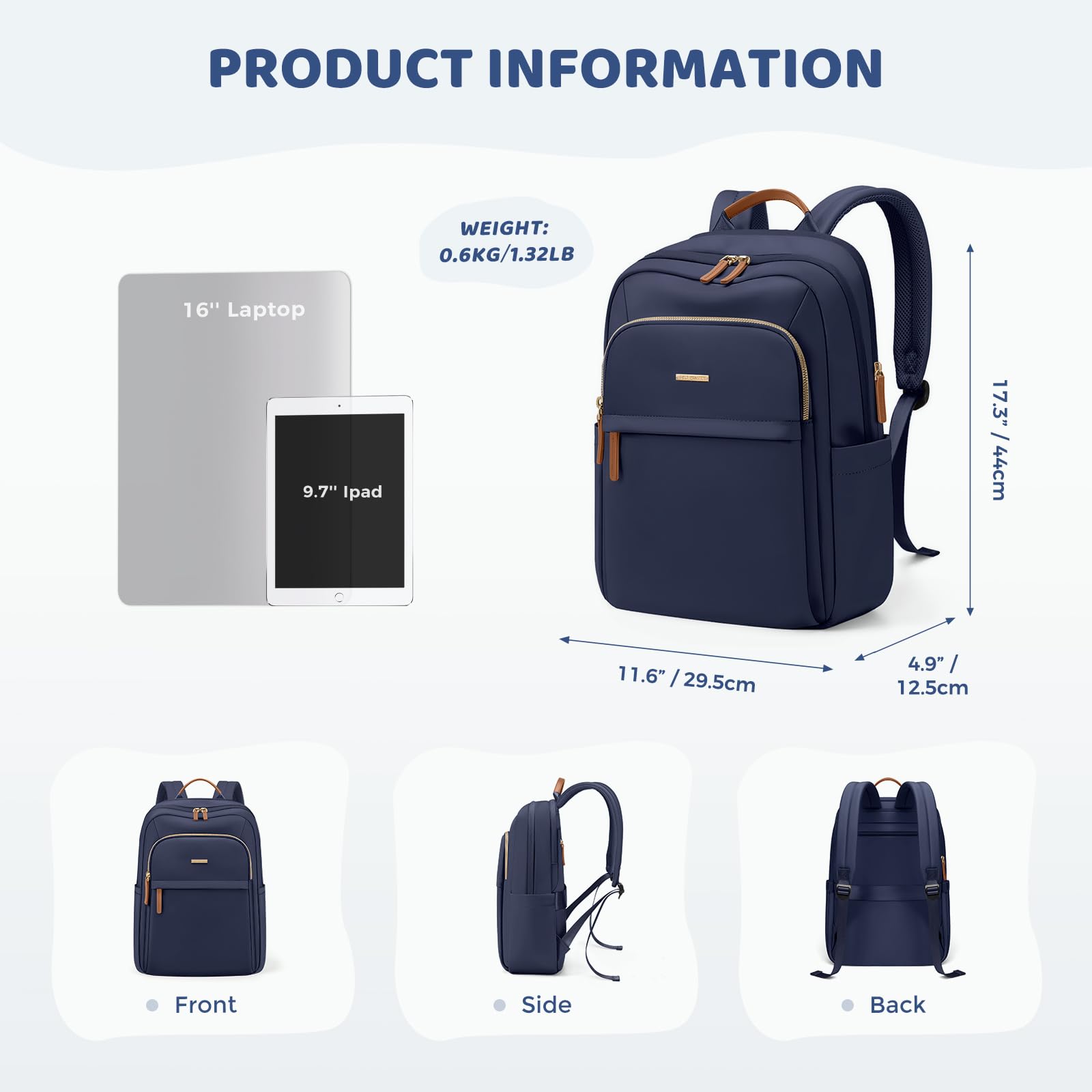 Sac à dos de voyage GOLF QUALITY pour femmes Sac de transport imperméable Sac de week-end d'affaires Sac à dos de randonnée Multicouche Sac pour ordinateur portable, 16 pouces, A-bleu marine., 16 Inch