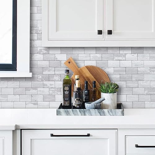 Miniatura 3 de DICOFUN Azulejos de pared de madera blanca vintage para despegar y pegar, azulejos de metro de PVC de 12 x 12 pulgadas de grosor para salpicaduras