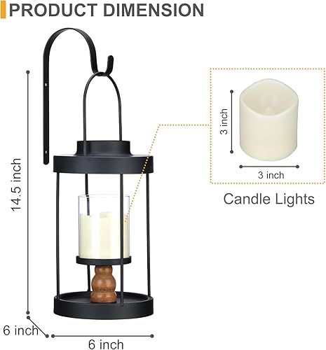 Miniatura 3 de Juego de 2 Faroles de Vela de Aplique de Pared de Metal - Soporte Colgante de Madera y Metal Negro Montado en la Pared con Vidrio y Velas Decoración