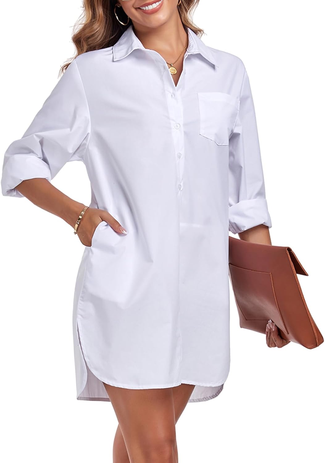 Women's Button Down Shirt Dress with Pockets Oversize Collared Long Sleeve High Low Tunic Dresses Blouse - Image 5