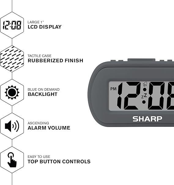 Sharp Digital Alarm Clock Tactile Plastic Case with Soft Rubberized Finish - Battery Operated Blue Backlight on Demand Ascending Alarm Easy to Use Charcoal Black