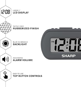 Sharp Digital Alarm Clock Tactile Plastic Case with Soft Rubberized Finish - Battery Operated Blue Backlight on Demand Ascending Alarm Easy to Use Charcoal Black
