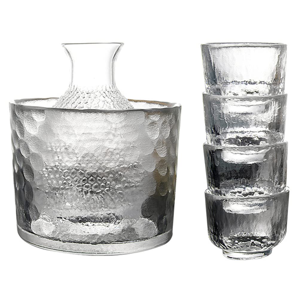 TAMUME Glass Sake Set of 5 Pieces, 300ml Sake Bottle and 4 Sake Cups (40ml each), Wine Glass Set for Warm/Cold Sake Service, Glass Sake Set Japanese (Plus with Cooler)