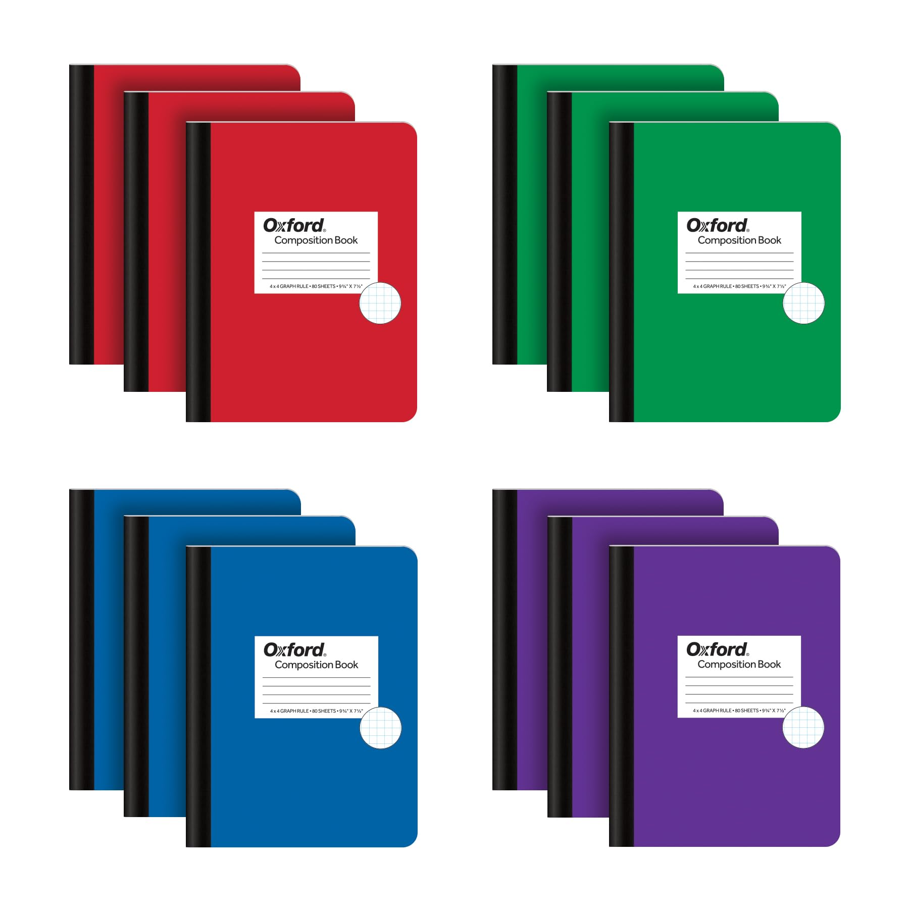 Oxford Composition Notebook 12 Pack, School Supplies, Notebooks for School, 4 x 4 Graph Ruled Paper, 7.5 x 9.75 Inches, 80 Sheets, Assorted Color Covers: Green, Purple, Red, Blue (63718)