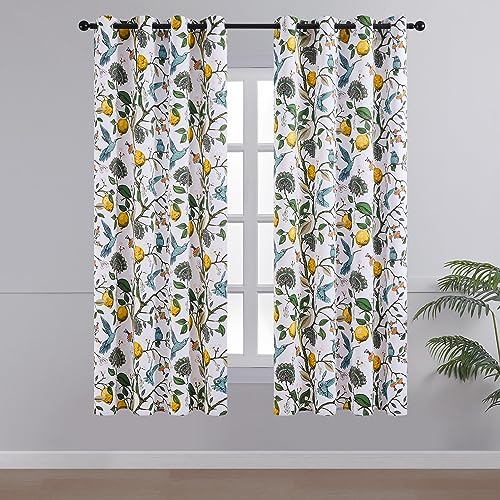 Image of Topfinel Kitchen Curtains 45 Inch Length White Vintage Blackout Curtains for Cafe Kitchen, Short Grommet Luxury Whimsical Floral Hummingbird Patterned 45 Inches Long for Living Room Bedroom