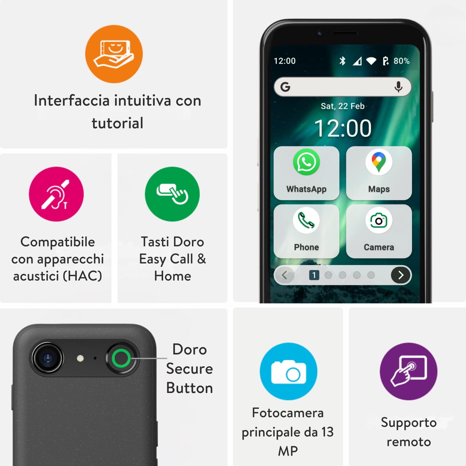 Doro - Smartphone Aurora A10 - Telefono cellulare per anziani - Facile da usare - Tasto assistenza con localizzazione GPS - Compatibile con apparecchi acustici - Cavo USB incluso - Grafite