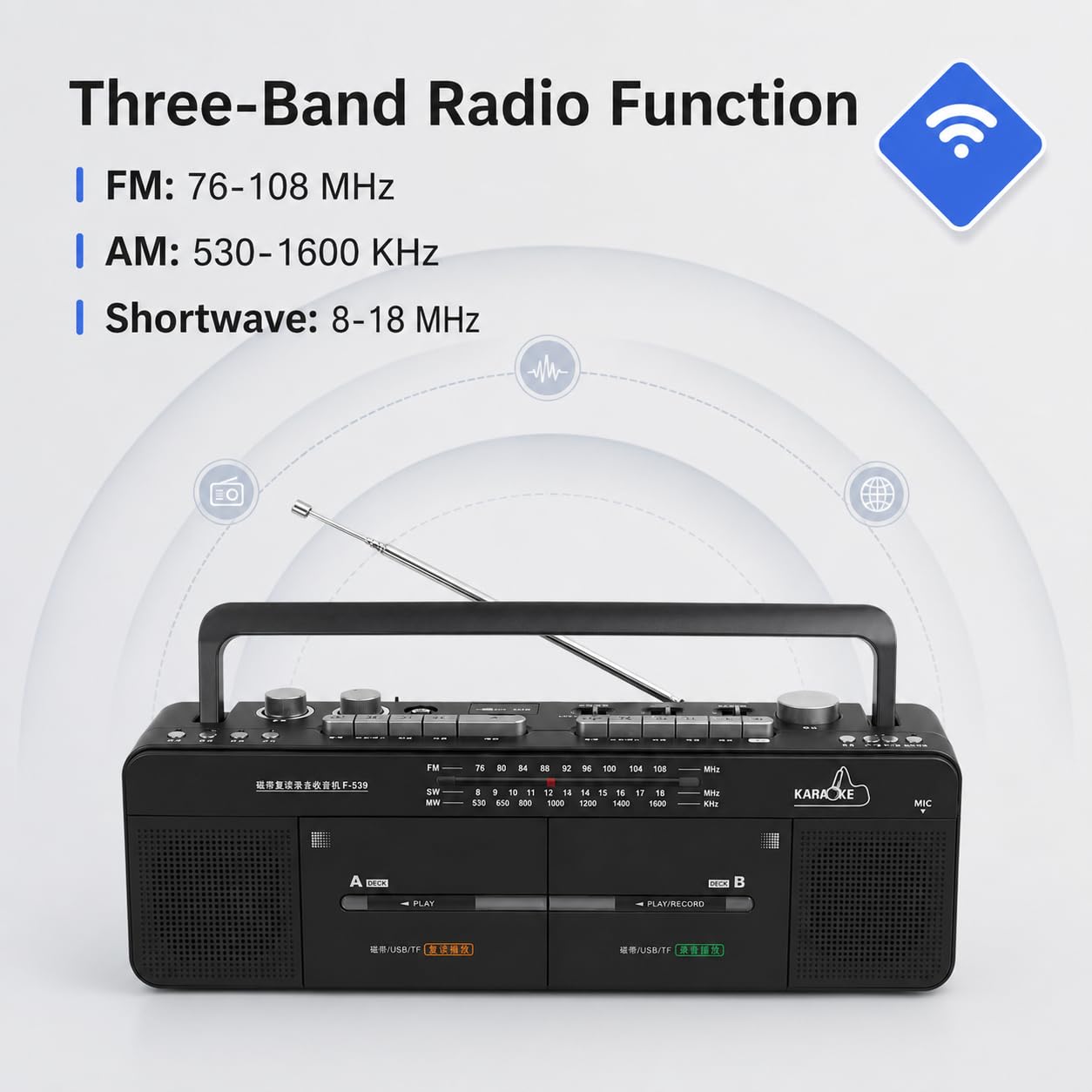 Doppio lettore nastro - Registratore a cassette - Radio FM/SW/WM - Disco MP3/U, riproduzione di schede TF - Registrazione con un clic