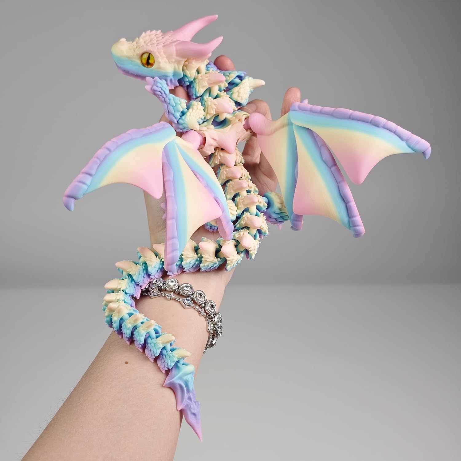 3D Printed Dragon Toys with Eyes, 3d printed dragon large, Winged Dragon, Bendable and Flexible Big Fidget (Rainbow A, M)