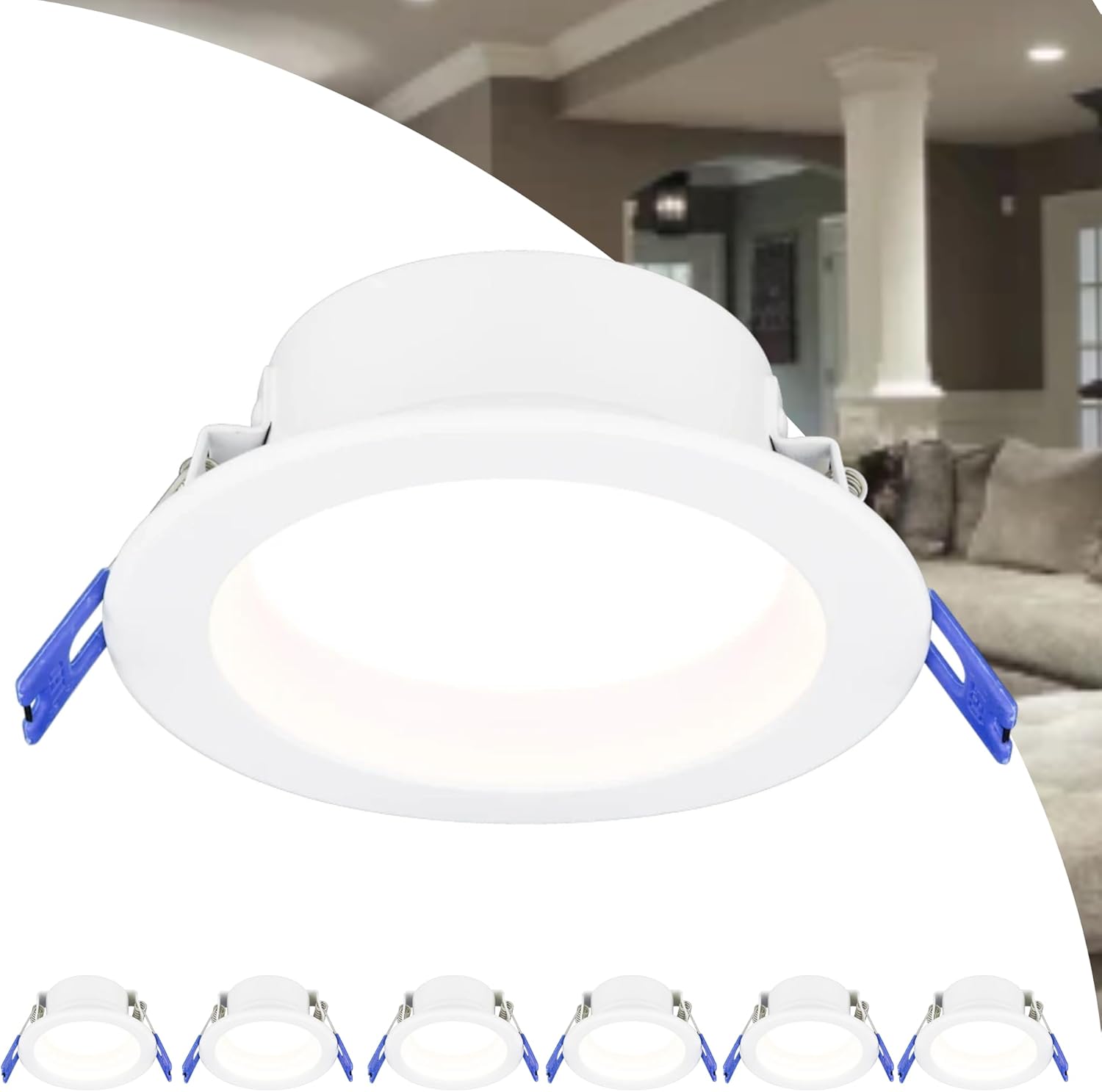 American Lighting LED Downlight 4 Inch 5CCT Selectable 90+ CRI 960 Lumens Dimmable Wet Rated Type IC JA8 Energy Star Recessed Retrofit Fixture White Trim – AVDRE4-5CCT-WH (6 Pack)