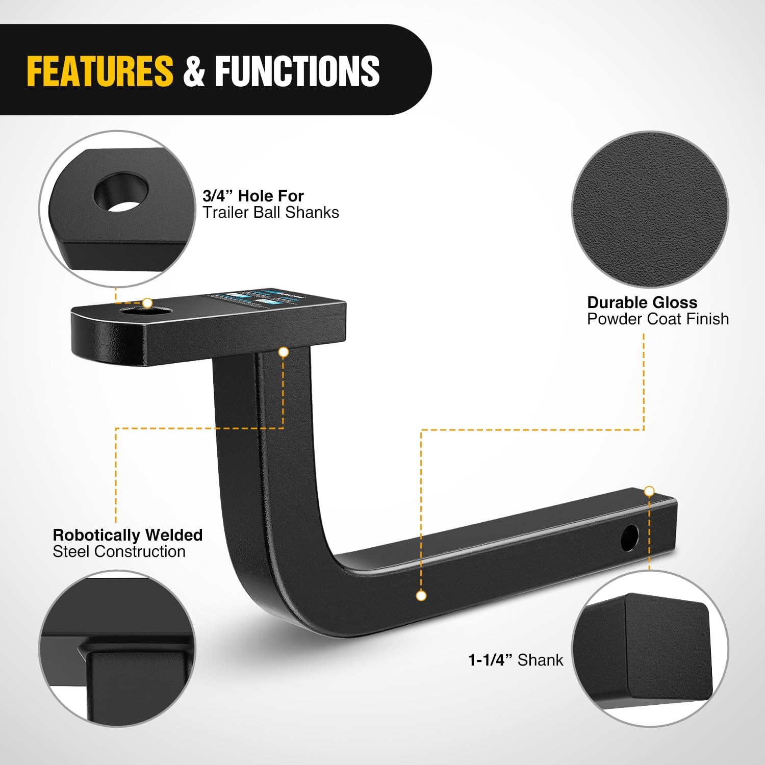 Nilight Trailer Hitch Ball Mount with 1/2" Hitch Pin Clip Fits 1-1/4 Inch Receiver 3,500 lbs 3/4 Inch Hole 5 Inch Rise, - Image 5