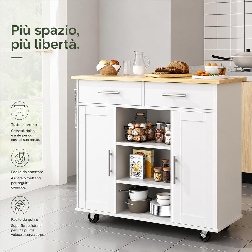 BAKAJI Isola da Cucina con Ruote e Top Quercia, Mobile con Scomparti, Cassetti e Ripiani, Ideale per Stoccaggio e Organizzazione Casa, Carrello Indipendente Salvaspazio 90 x 46 x 100 cm