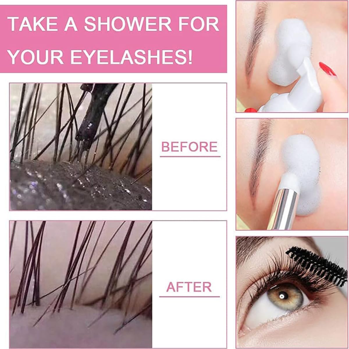 Champú de extensión de pestañas de 60 ml con 2 cepillos, champú para pestañas para extensiones de pestañas, pestañas naturales, limpiador espumante, salones de espuma para el hogar, seguro para